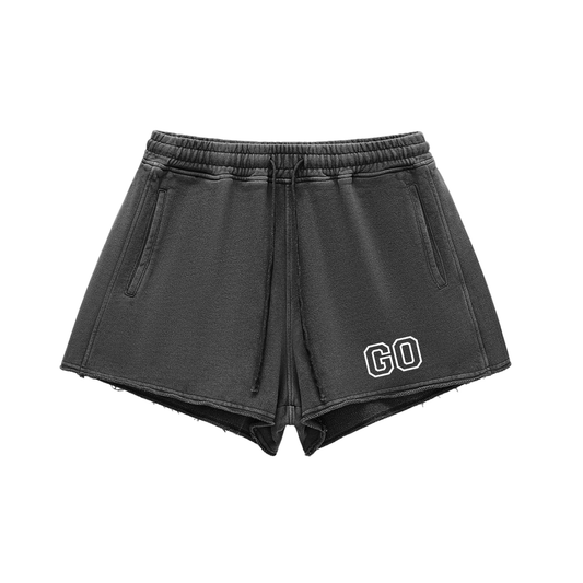 Snow Washed Raw Edge Drawstring Shorts