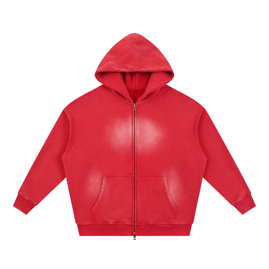 Skyline_Sunfade Two-way Zipper Boxy Fleece Hoodie_Red