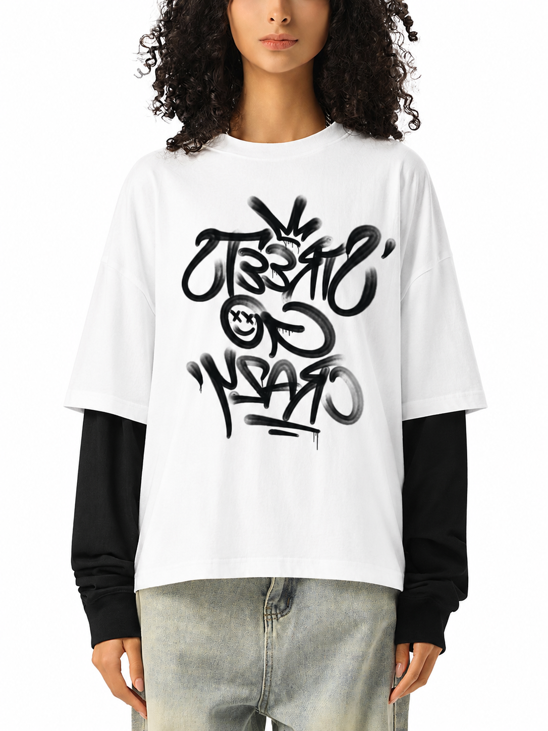 StreetsGoCrazy Layered Contrast Sleeve -White